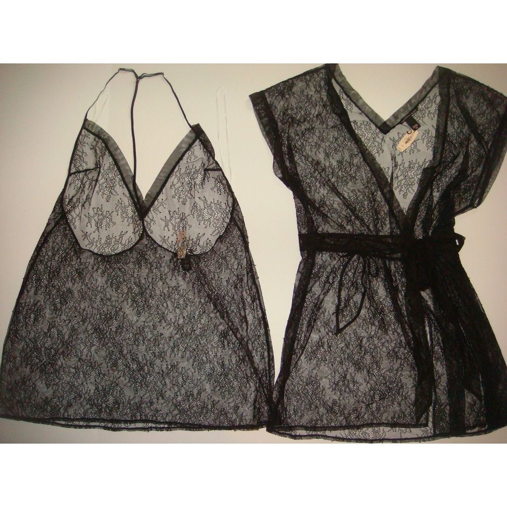 Victoria's Secret L ROBE+BABYDOLL SLIP night Gown Black Lace VERY SEXY